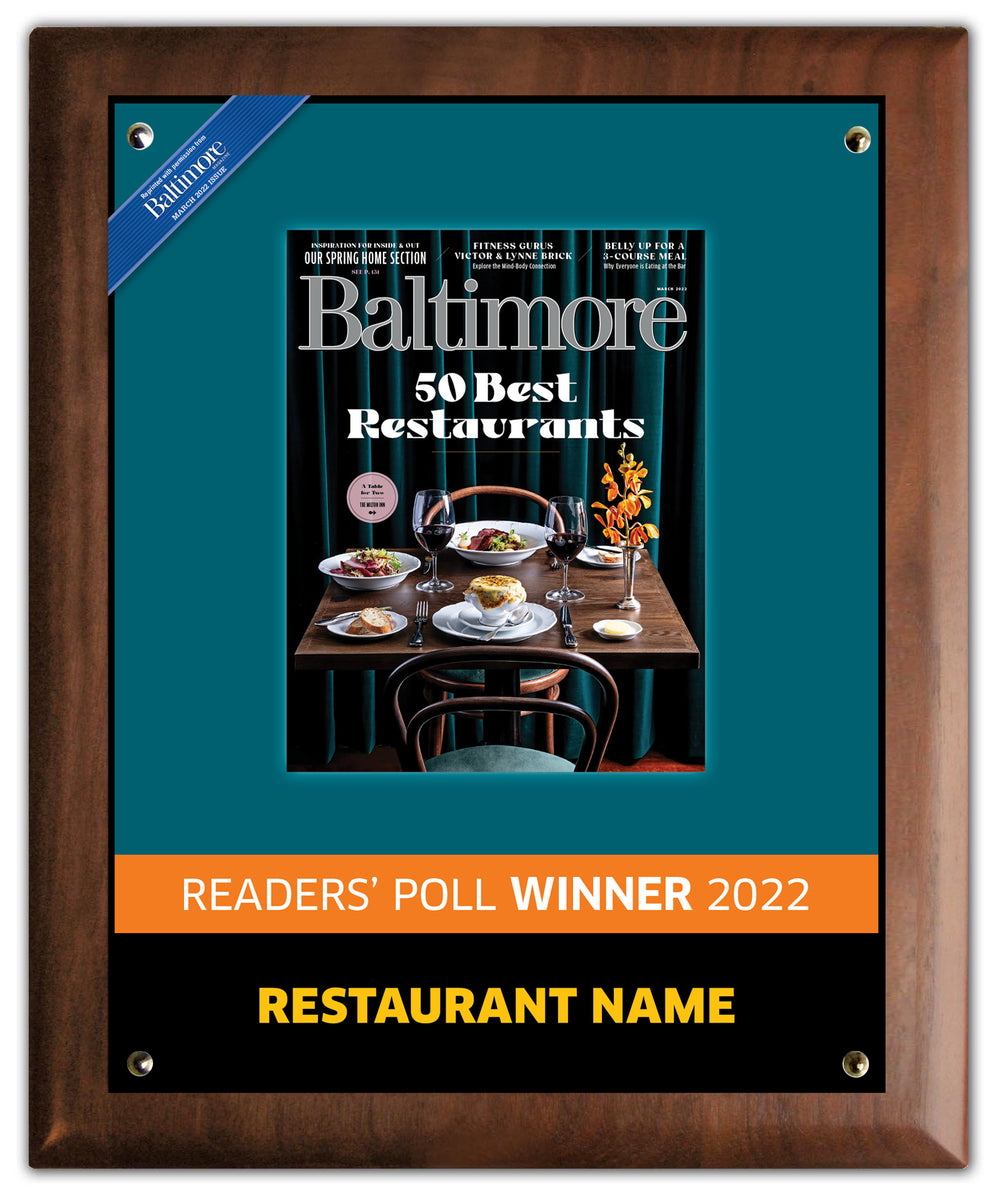 Best Restaurants Reader's Poll 2022 Plaque Baltimore Magazine