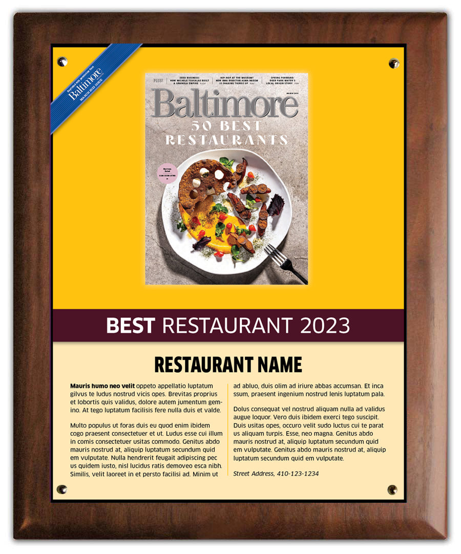 Best Restaurants 2023 Plaque Baltimore Magazine